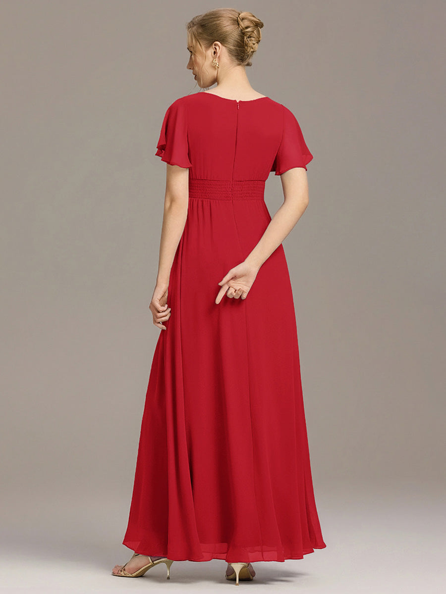 Plus Size Simple Chiffon Pleated A-Line Round Neckline Bridesmaid Dress #color_Red