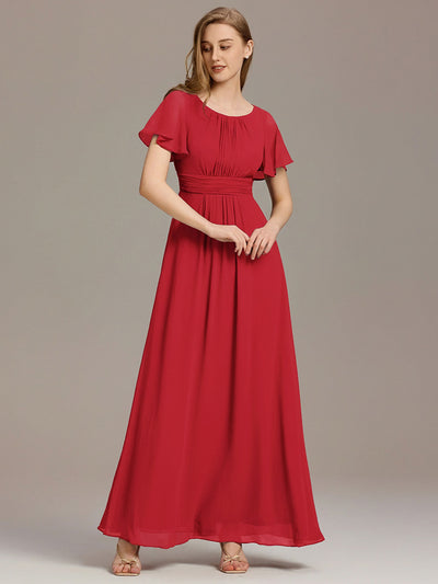 Plus Size Simple Chiffon Pleated A-Line Round Neckline Bridesmaid Dress #color_Red