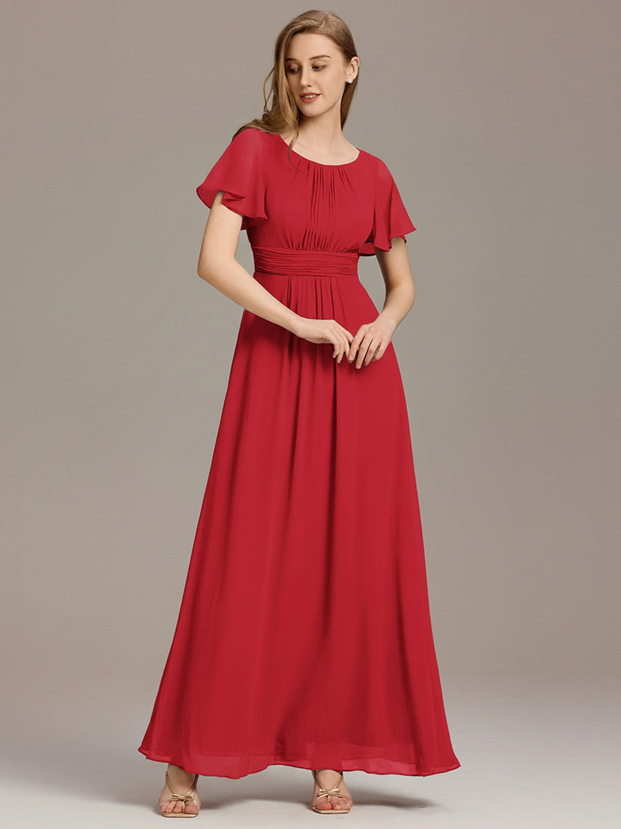 Plus Size Simple Chiffon Pleated A-Line Round Neckline Bridesmaid Dress #color_Red