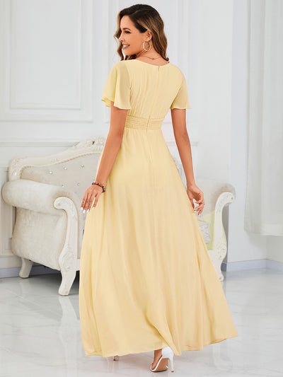 Simple Chiffon Pleated A-Line Round Neckline Bridesmaid Dress #color_Yellow