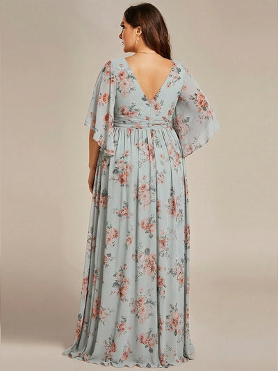 Plus Size Half Sleeve Pleated A-Line V-Neck Chiffon Bridesmaid Dress #color_Amber Bloom