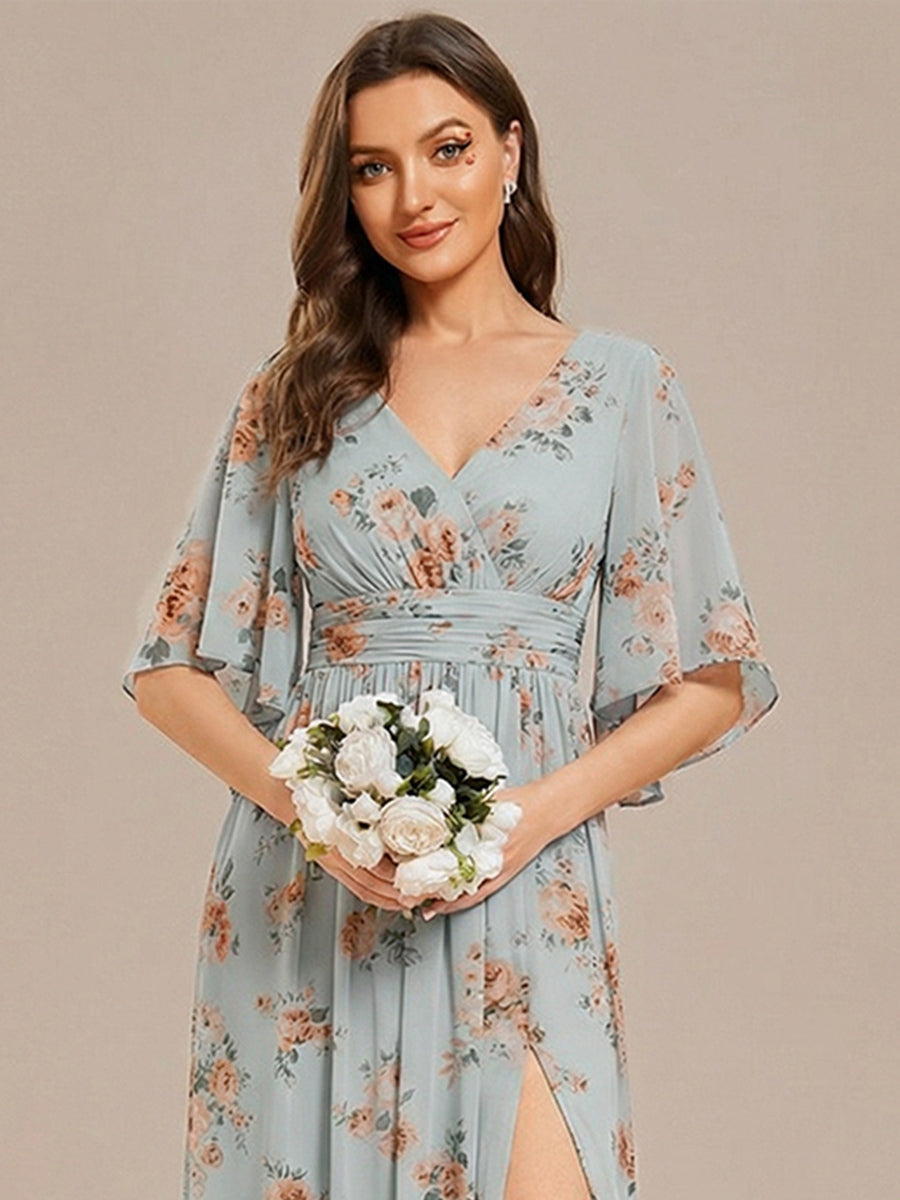 Half Sleeve V-Neck Pleated High Slit A-Line Chiffon Bridesmaid Dress #color_Amber Bloom