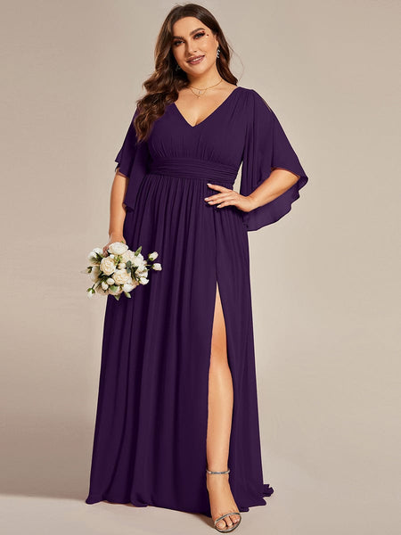 Plus Size Chiffon Half Sleeve V-Neck High Front Slit Bridesmaid Dress