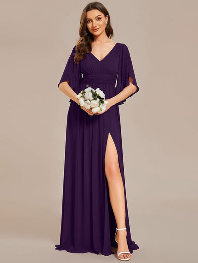 Half Sleeve V-Neck Pleated High Slit A-Line Chiffon Bridesmaid Dress #color_Dark Purple