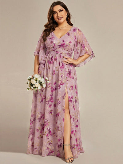 Plus Size Printed Half Sleeve Pleated A-Line Chiffon Wedding Guest Dress #color_Light Purple Print
