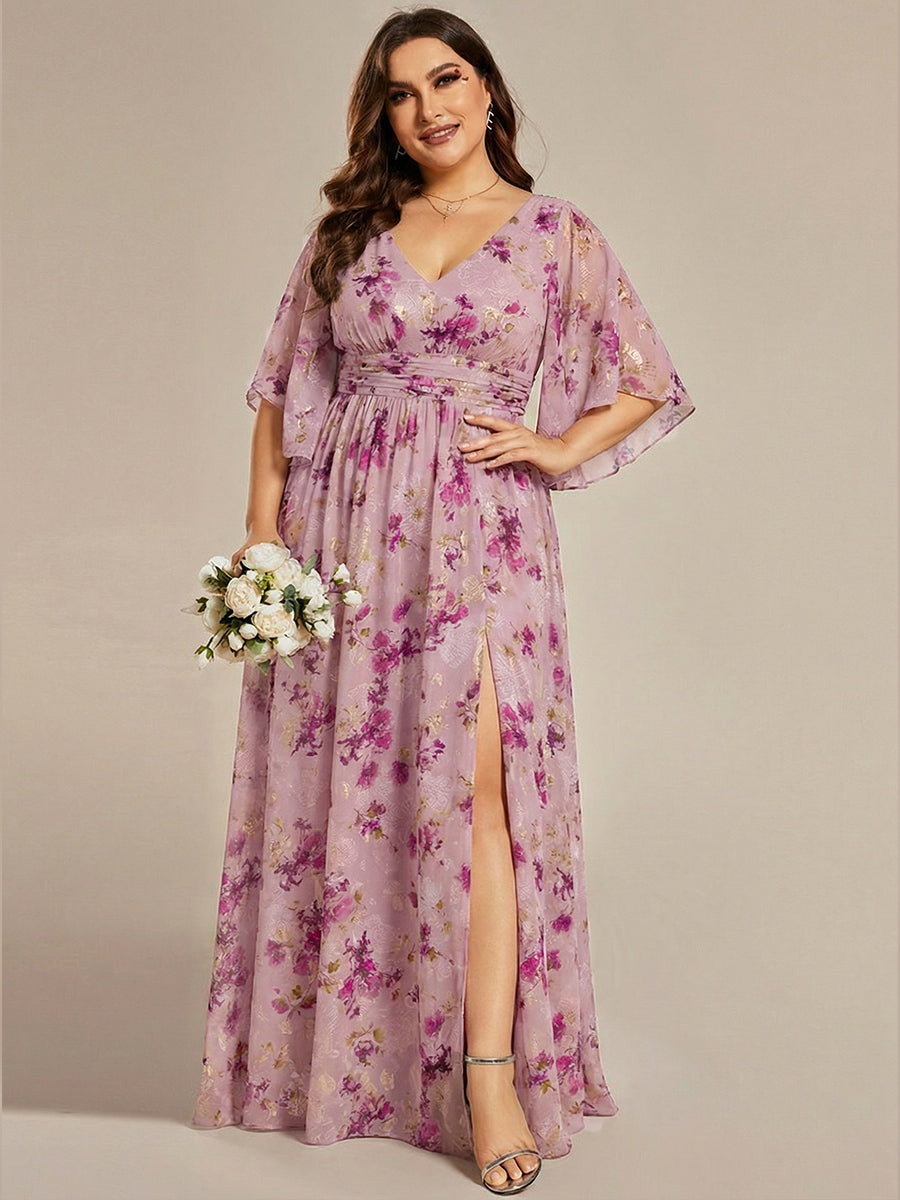 Plus Size Half Sleeve Pleated A-Line V-Neck Chiffon Bridesmaid Dress #color_Light Purple Print