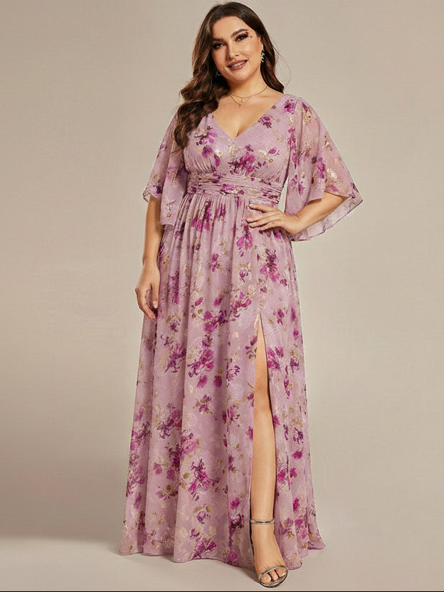 Plus Size Amber Bloom Floor Length Wedding Guest Dress with V-Neck and Slit 
