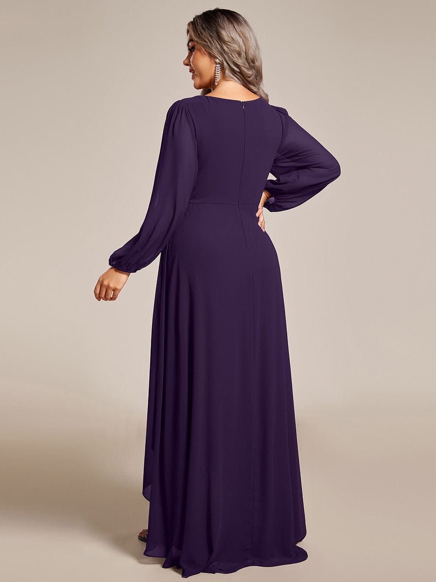 A-Line Pleated See-Through Long Lantern Midi Chiffon Bridesmaid Dress #color_Dark Purple