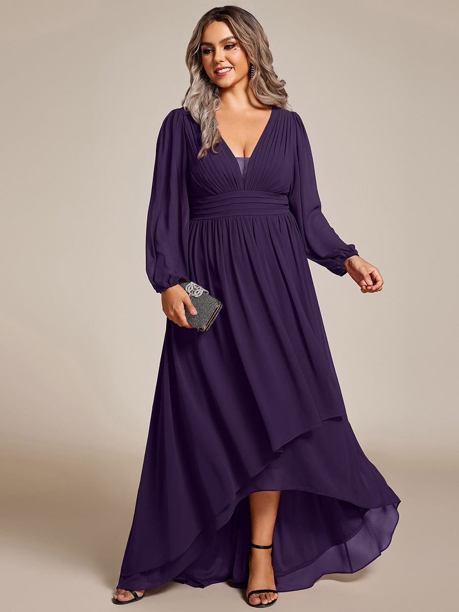 Plus Size V-Neck Long Lantern Sleeves A-Line Chiffon Bridesmaid Dress #color_Purple Dark Purple