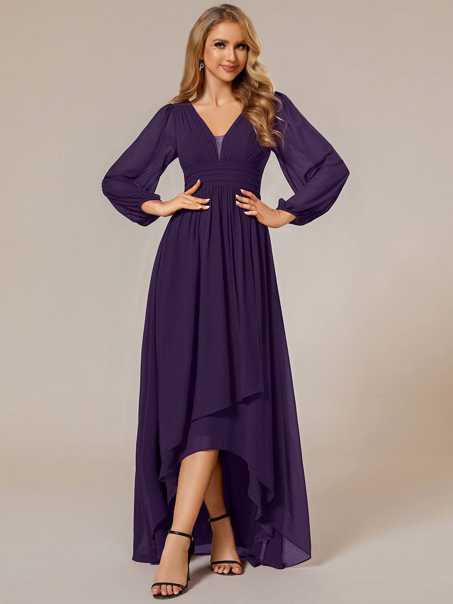 A-Line Pleated See-Through Long Lantern Midi Chiffon Bridesmaid Dress #color_Dark Purple
