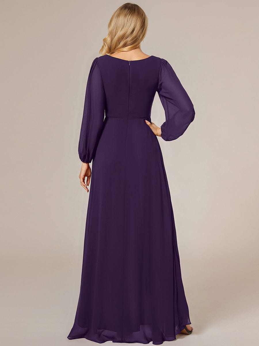 A-Line Pleated See-Through Long Lantern Midi Chiffon Bridesmaid Dress #color_Dark Purple