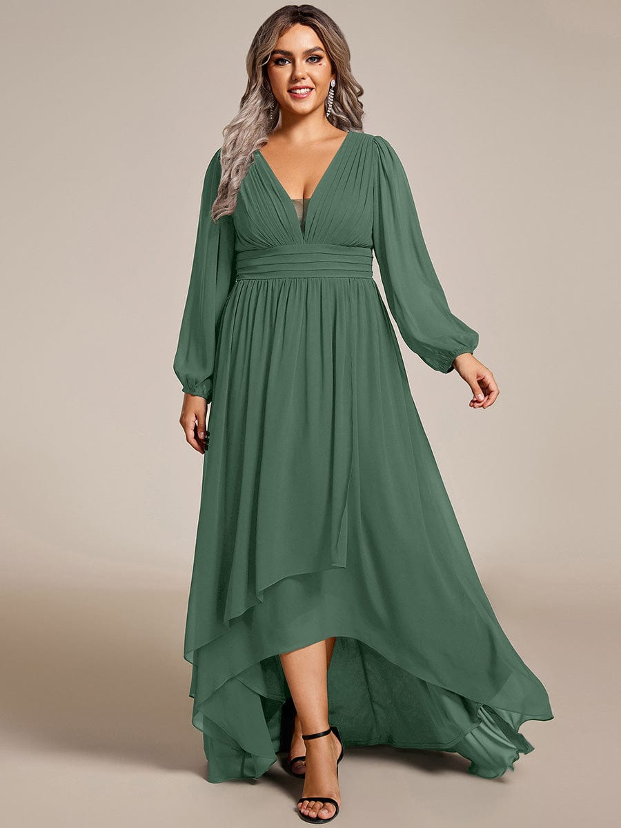 Plus Size V-Neck Long Lantern Sleeves A-Line Chiffon Bridesmaid Dress #color_Purple Eucalyptus