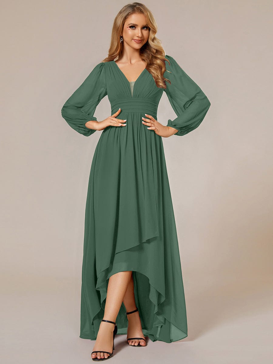 A-Line Pleated See-Through Long Lantern Midi Chiffon Bridesmaid Dress #color_Eucalyptus