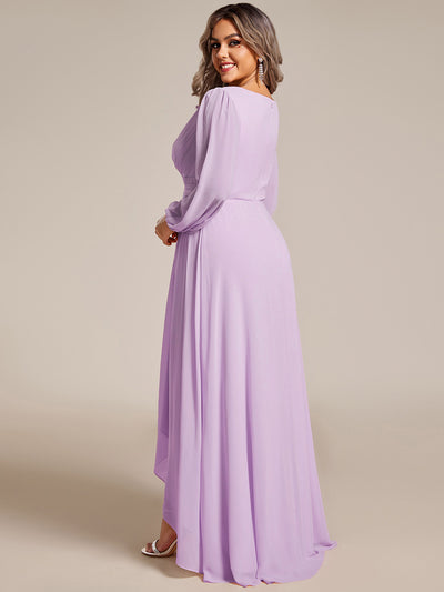 Plus Size V-Neck Long Lantern Sleeves A-Line Chiffon Bridesmaid Dress #color_Frosted Lilac