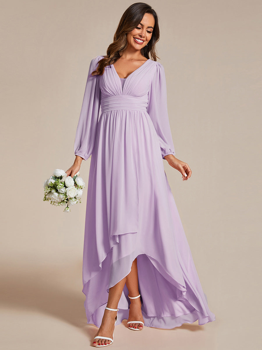 A-Line Pleated See-Through Long Lantern Midi Chiffon Bridesmaid Dress #color_Frosted Lilac