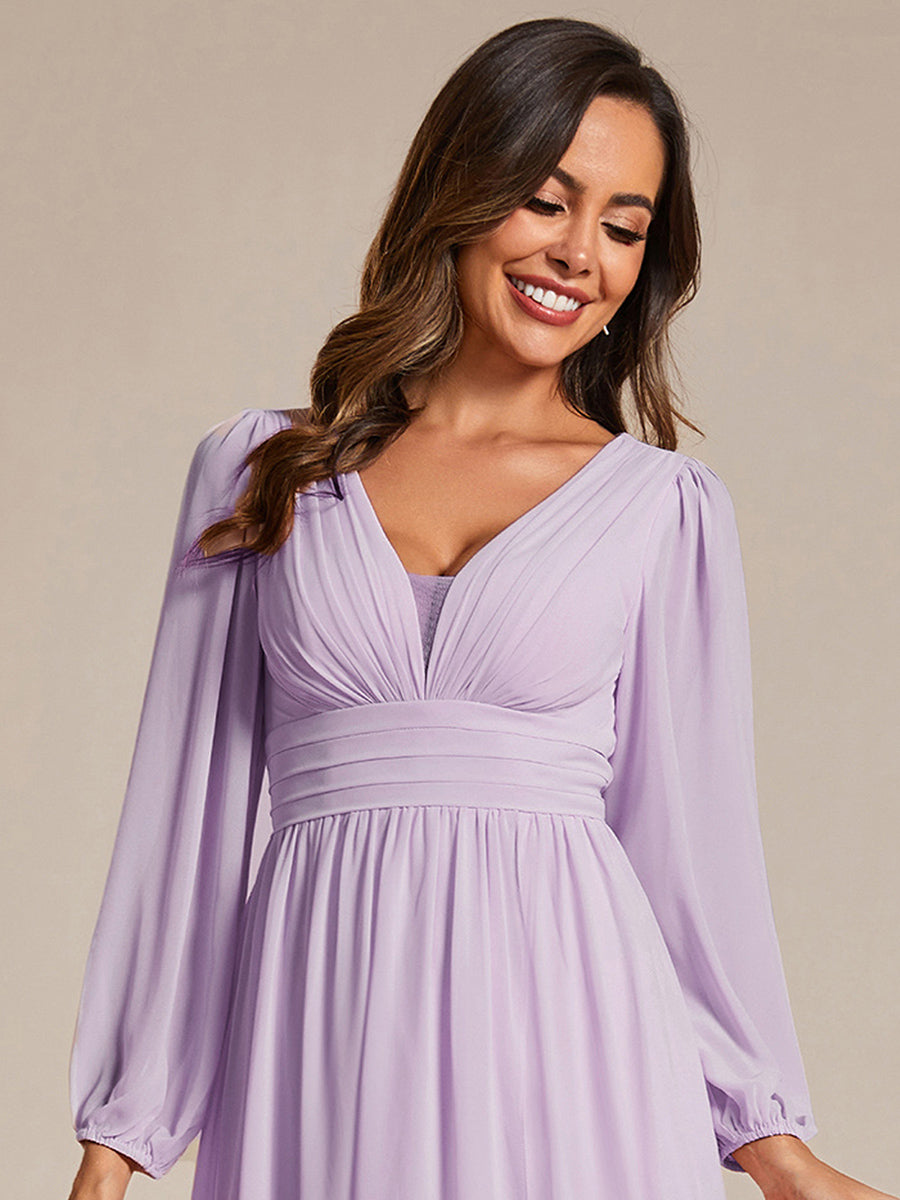 A-Line Pleated See-Through Long Lantern Midi Chiffon Bridesmaid Dress #color_Frosted Lilac
