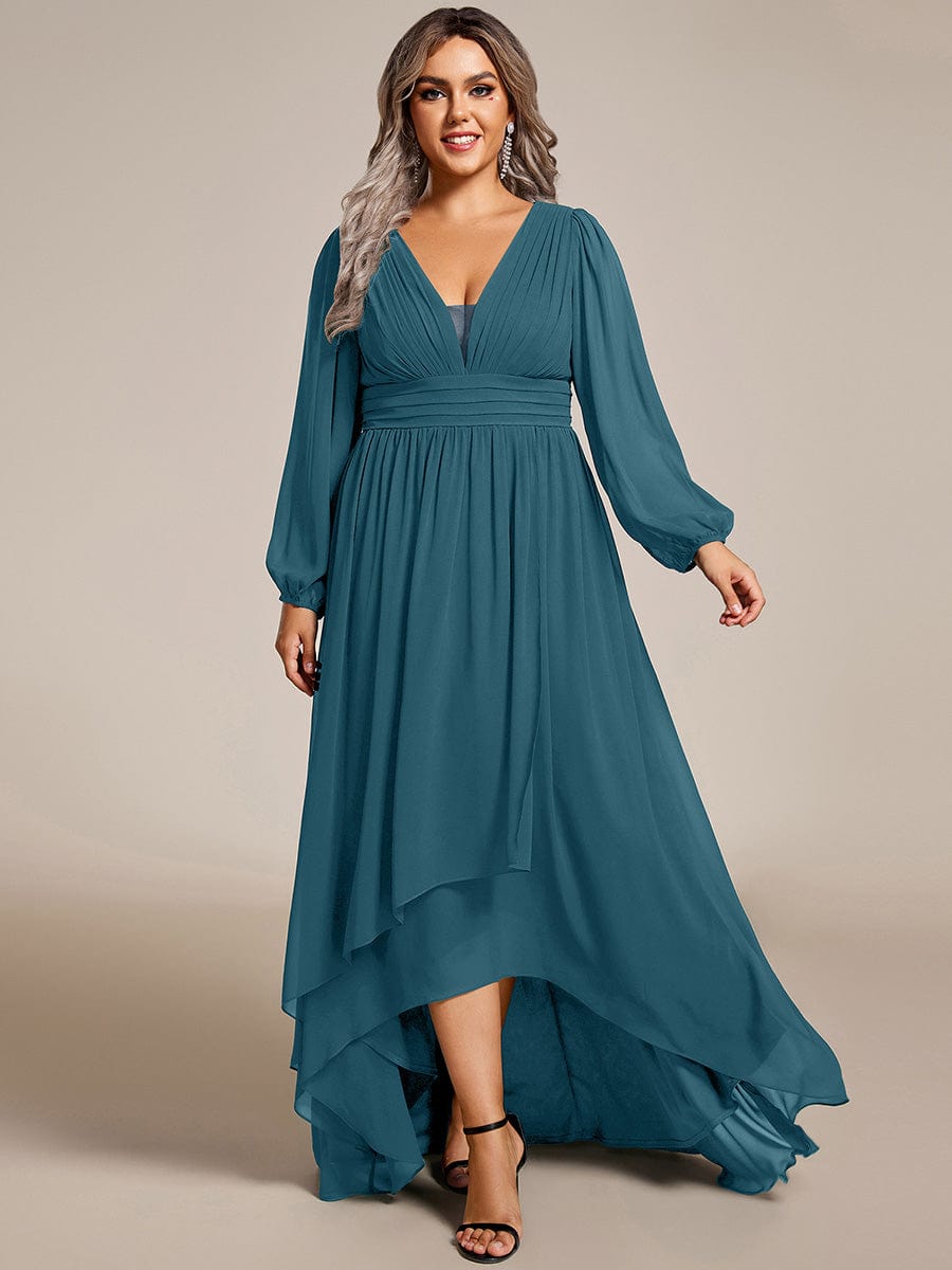 A-Line Pleated See-Through Long Lantern Midi Chiffon Bridesmaid Dress #color_Teal