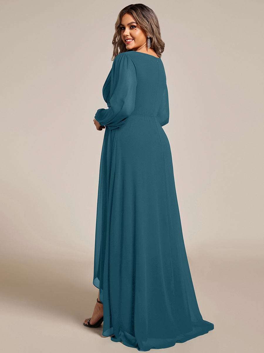 A-Line Pleated See-Through Long Lantern Midi Chiffon Bridesmaid Dress #color_Teal