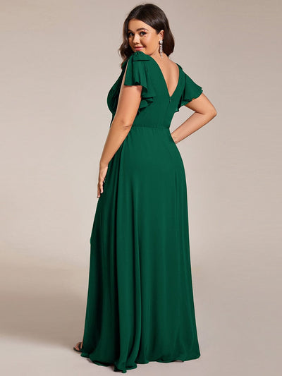 Plus Size Split Ruffles Sleeves with Bowknot Double V-neck Chiffon Bridesmaid Dress #color_Dark Green