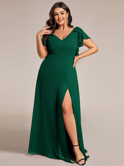 Plus Size Split Ruffles Sleeves with Bowknot Double V-neck Chiffon Bridesmaid Dress #color_Dark Green