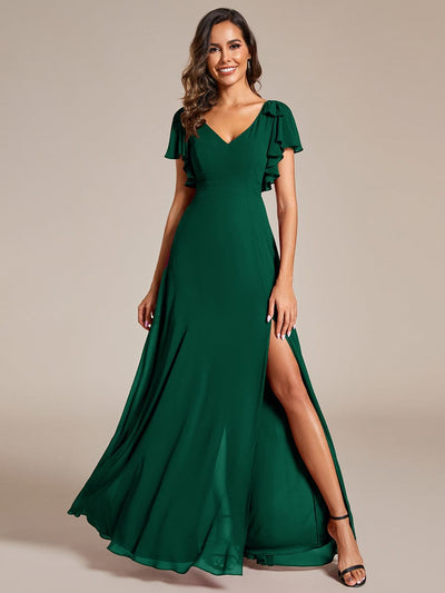 Short Sleeves with Bowknot High Front Slit A-Line Chiffon Bridesmaid Dress #color_Dark Green