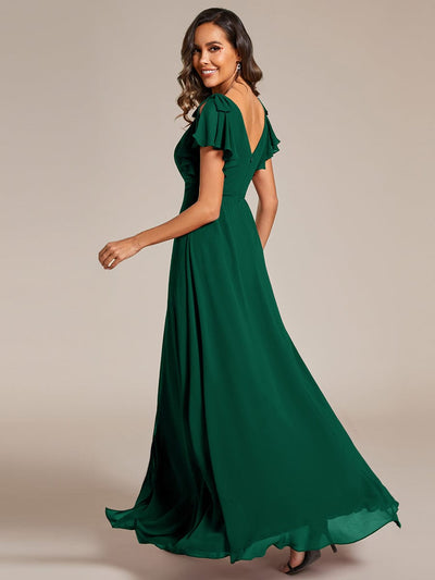 Short Sleeves with Bowknot High Front Slit A-Line Chiffon Bridesmaid Dress #color_Dark Green