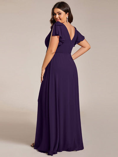 Plus Size Split Ruffles Sleeves with Bowknot Double V-neck Chiffon Bridesmaid Dress #color_Dark Purple