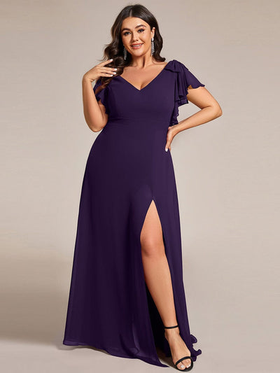 Plus Size Split Ruffles Sleeves with Bowknot Double V-neck Chiffon Bridesmaid Dress #color_Dark Purple