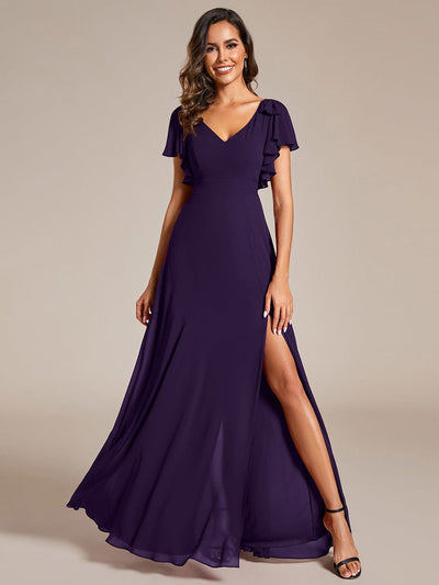 Short Sleeves with Bowknot High Front Slit A-Line Chiffon Bridesmaid Dress #color_Dark Purple