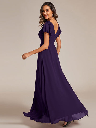 Short Sleeves with Bowknot High Front Slit A-Line Chiffon Bridesmaid Dress #color_Dark Purple