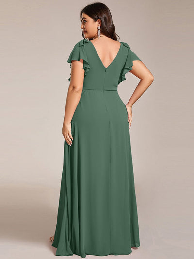 Plus Size Split Ruffles Sleeves with Bowknot Double V-neck Chiffon Bridesmaid Dress #color_Eucalyptus