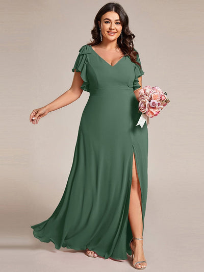 Plus Size Split Ruffles Sleeves with Bowknot Double V-neck Chiffon Bridesmaid Dress #color_Eucalyptus