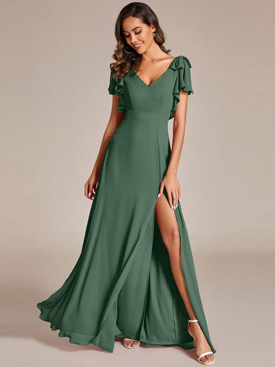 Short Sleeves with Bowknot High Front Slit A-Line Chiffon Bridesmaid Dress #color_Eucalyptus