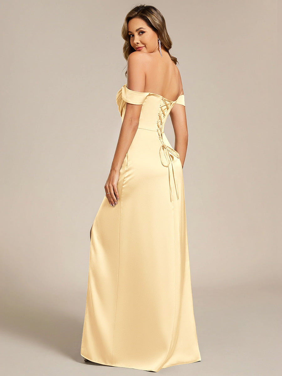 Off Shoulder Short Sleeve Split Bandage Floor-Length Bridesmaid Dresses #color_Yellow