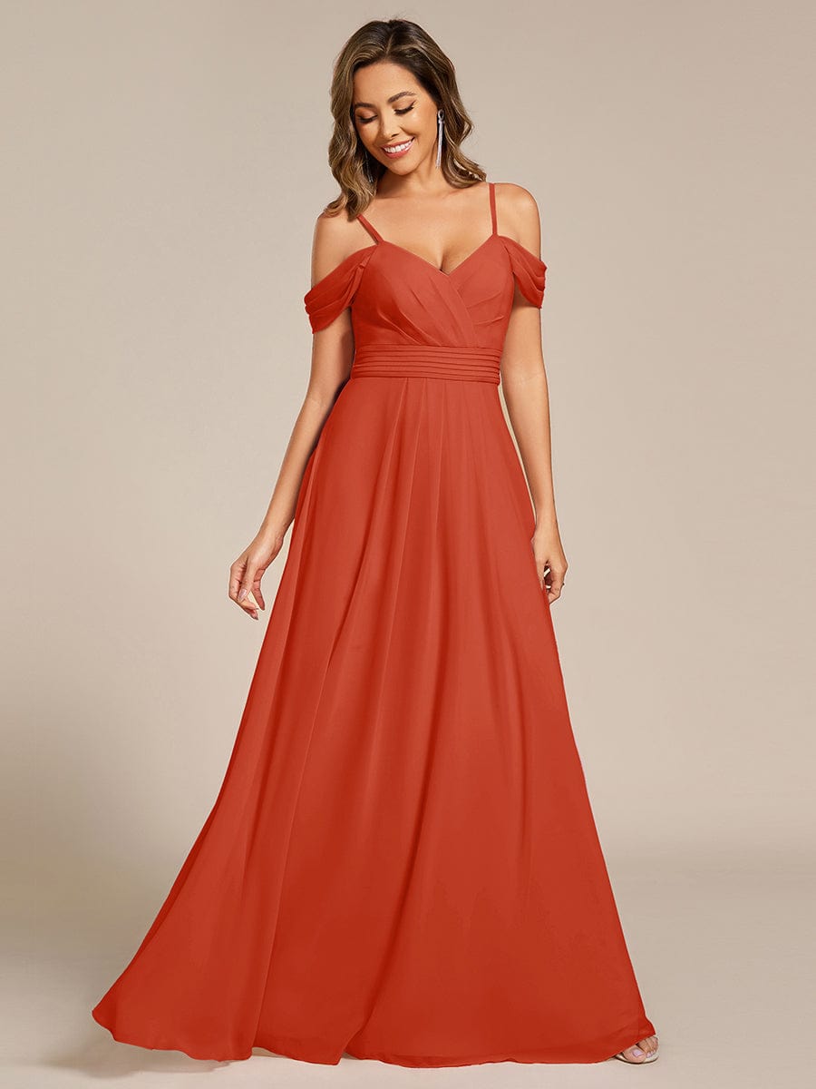 Spaghetti Strap V-Neck Pleated A-Line Bridesmaid Dress #color_Burnt Orange