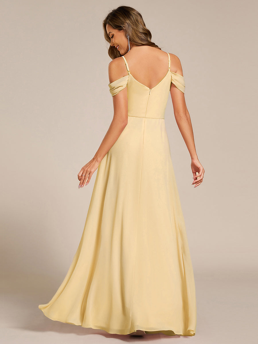 Spaghetti Strap V-Neck Pleated A-Line Bridesmaid Dress #color_Yellow