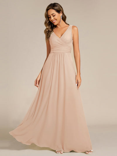 Strapless Pleated V-Neck A-Line Maxi Chiffon Bridesmaid Dress #color_Blush