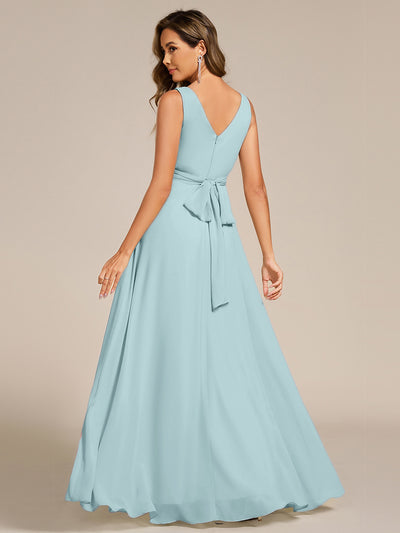 Strapless Pleated V-Neck A-Line Maxi Chiffon Bridesmaid Dress #color_Sky Blue