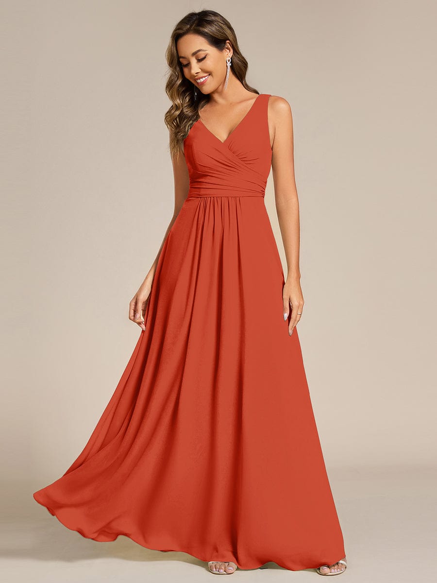 Strapless Pleated V-Neck A-Line Maxi Chiffon Bridesmaid Dress #color_Burnt Orange