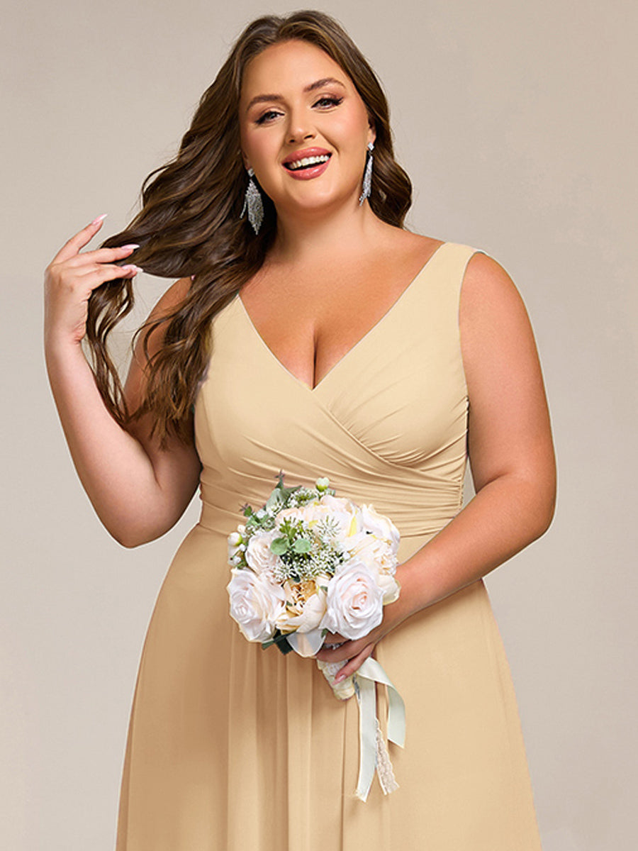 Plus Size Strapless V-Neck A-Line Lace-Up Bridesmaid Dress #color_Champagne