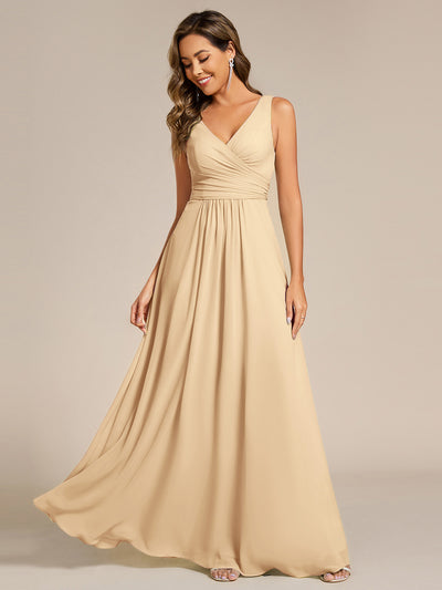 Strapless Pleated V-Neck A-Line Maxi Chiffon Bridesmaid Dress #color_Champagne