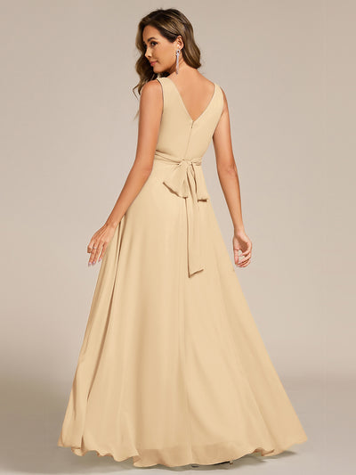 Strapless Pleated V-Neck A-Line Maxi Chiffon Bridesmaid Dress #color_Champagne