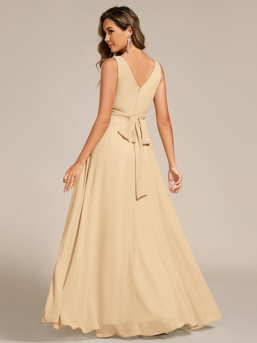 Strapless Pleated V-Neck A-Line Maxi Chiffon Bridesmaid Dress #color_Champagne