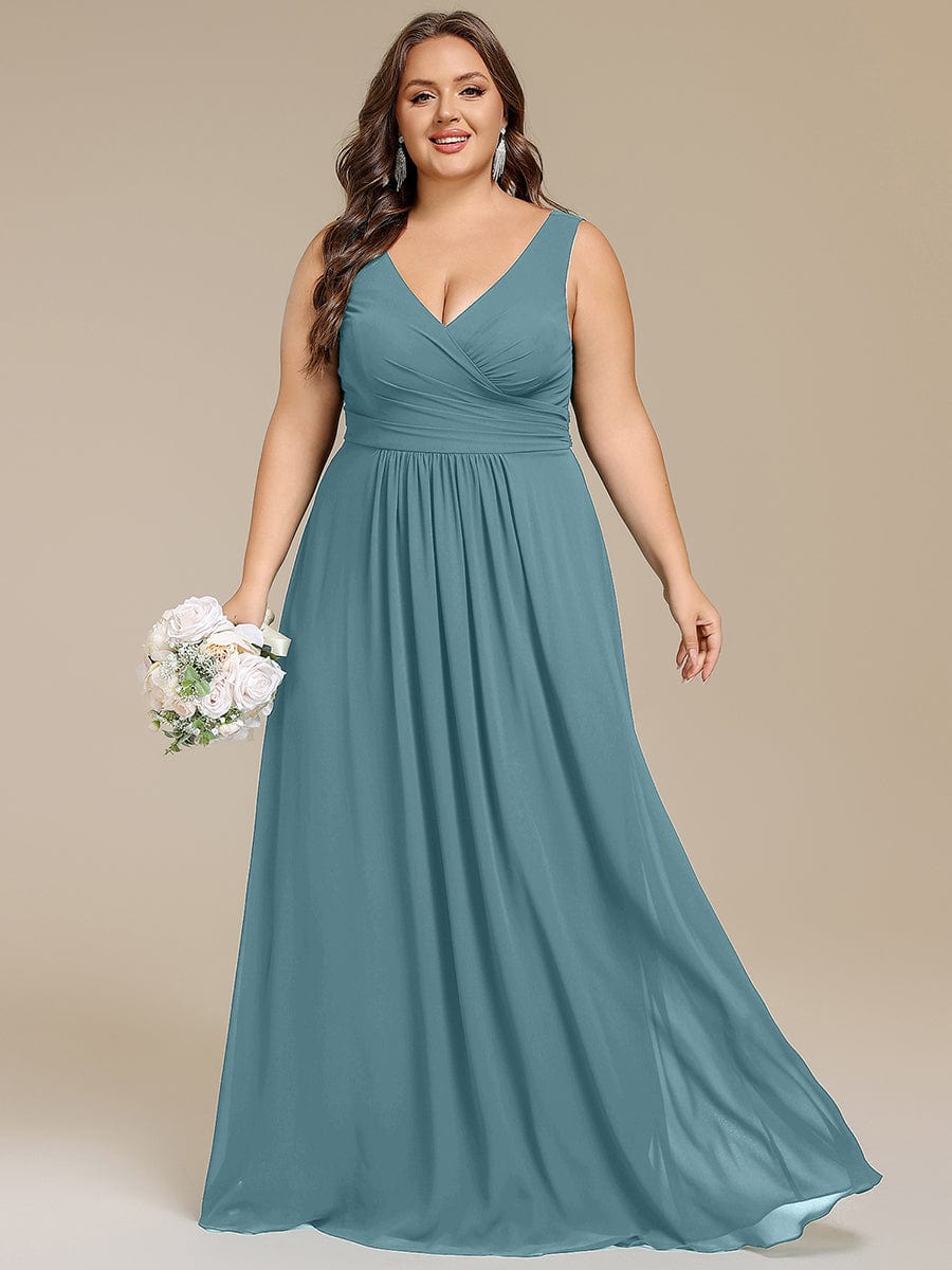 Strapless Pleated V-Neck A-Line Maxi Chiffon Bridesmaid Dress #color_Light Teal