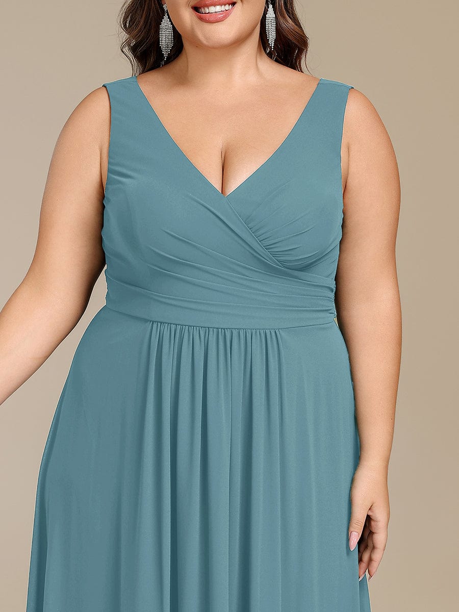 Strapless Pleated V-Neck A-Line Maxi Chiffon Bridesmaid Dress #color_Light Teal