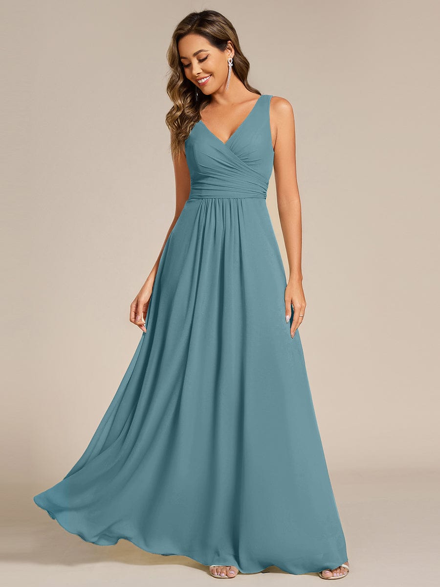 Strapless Pleated V-Neck A-Line Maxi Chiffon Bridesmaid Dress #color_Light Teal