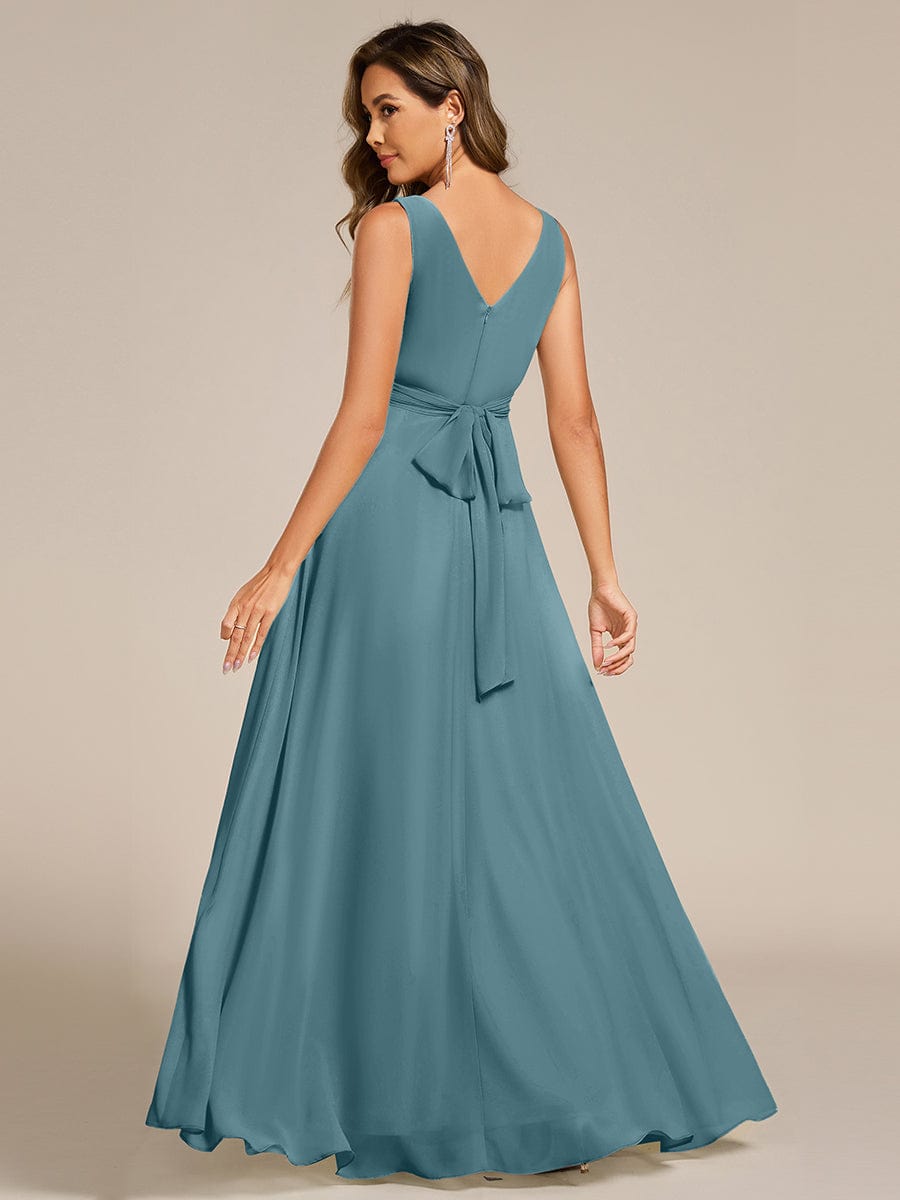 Strapless Pleated V-Neck A-Line Maxi Chiffon Bridesmaid Dress #color_Light Teal