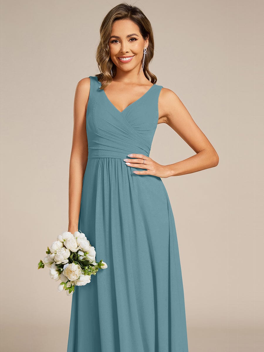 Strapless Pleated V-Neck A-Line Maxi Chiffon Bridesmaid Dress #color_Light Teal