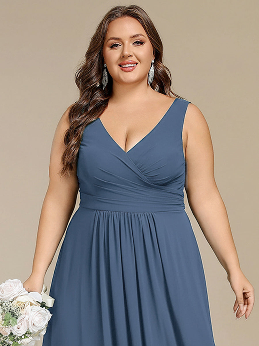 Plus Size Strapless V-Neck A-Line Lace-Up Bridesmaid Dress #color_Dusty Blue