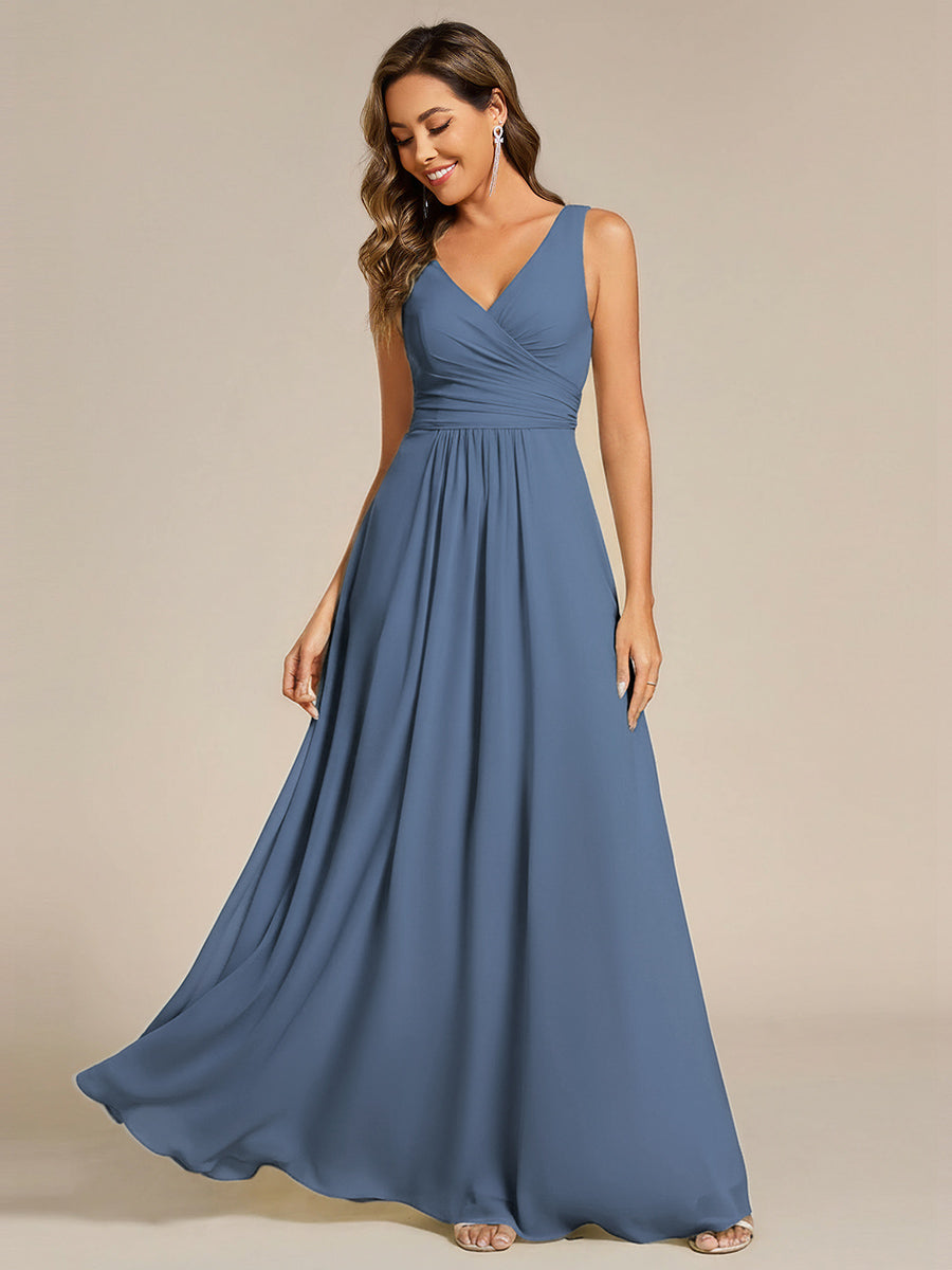 Strapless Pleated V-Neck A-Line Maxi Chiffon Bridesmaid Dress #color_Dusty Blue